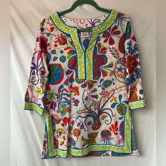 Gretchen Scott Colorful Pattern 3/4 Sleeve Tunic Top P - Picture 1 of 5